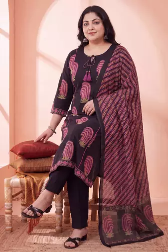 black cotton aline plus size kurta trouser dupatta set