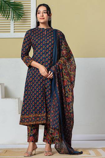 navy blue floral a-line sequins work kurta and trouser with dupatta set