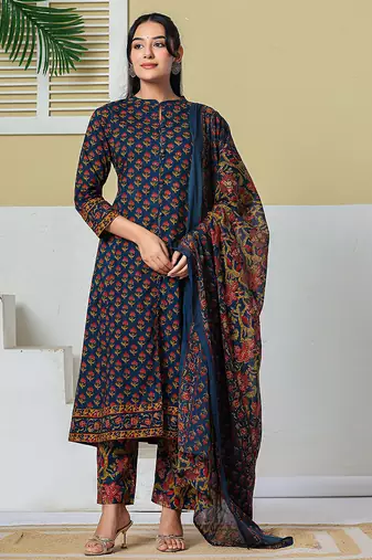 navy blue floral a-line sequins work kurta and trouser with dupatta set