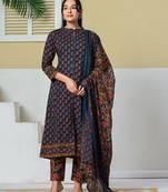 navy blue floral a-line sequins work kurta and trouser with dupatta set