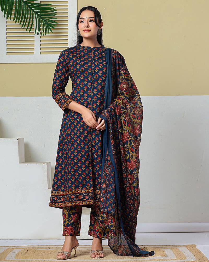 navy blue floral a-line sequins work kurta and trouser with dupatta set