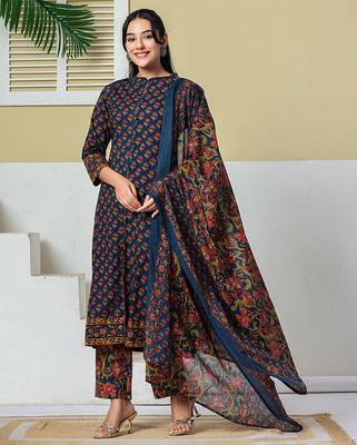 navy blue floral a-line sequins work kurta and trouser with dupatta set 2