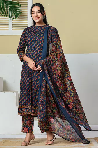 navy blue floral a-line sequins work kurta and trouser with dupatta set