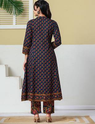 navy blue floral a-line sequins work kurta and trouser with dupatta set 3