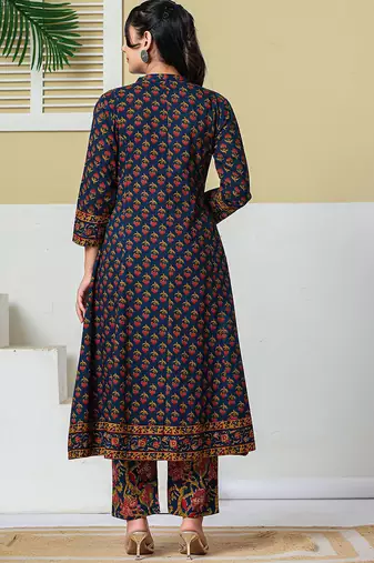 navy blue floral a-line sequins work kurta and trouser with dupatta set