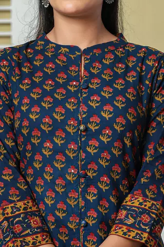 navy blue floral a-line sequins work kurta and trouser with dupatta set