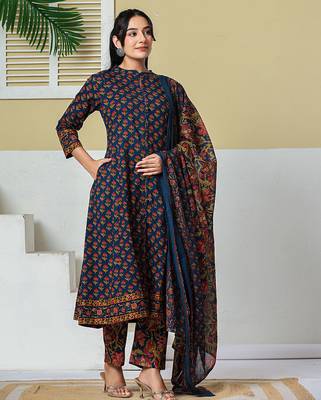 navy blue floral a-line sequins work kurta and trouser with dupatta set 5