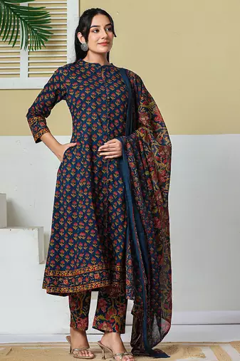 navy blue floral a-line sequins work kurta and trouser with dupatta set