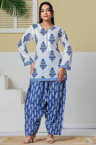 white cotton straight short kurta farsi salwar set