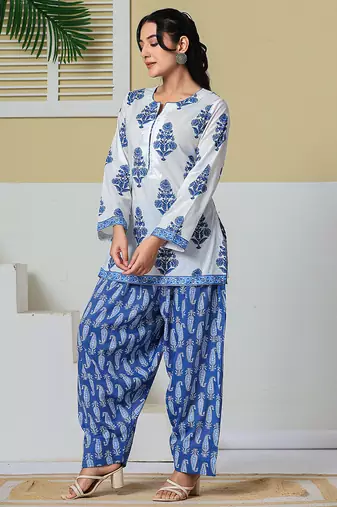 white cotton straight short kurta farsi salwar set