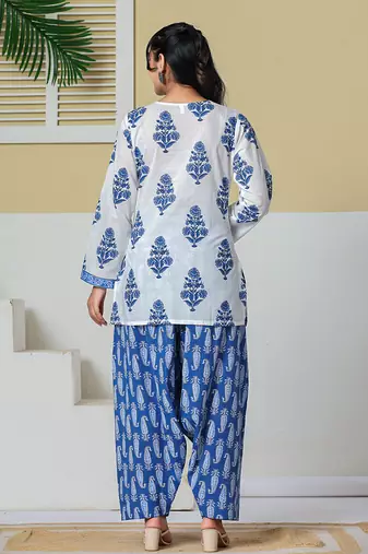 white cotton straight short kurta farsi salwar set
