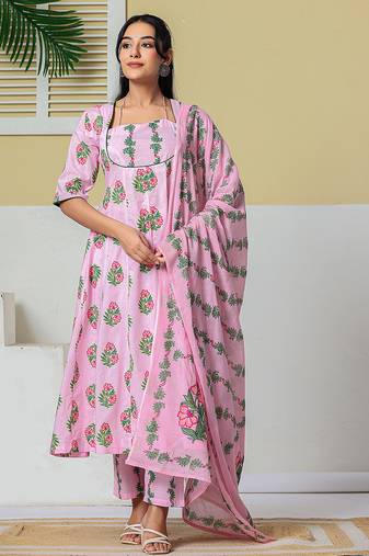 Yufta pink cotton kalidaar style kurta pant dupatta set