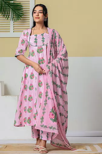 Yufta pink cotton kalidaar style kurta pant dupatta set