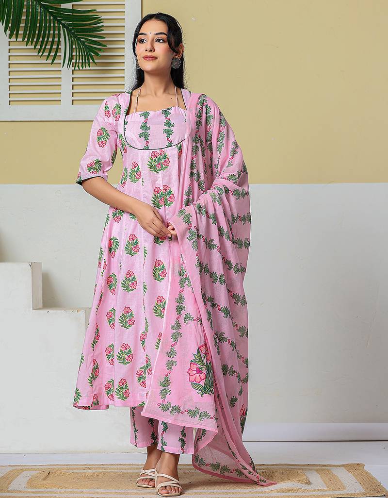 Yufta pink cotton kalidaar style kurta pant dupatta set