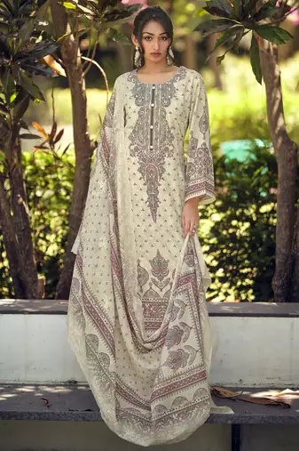  cream lawn cotton digital printed dress material