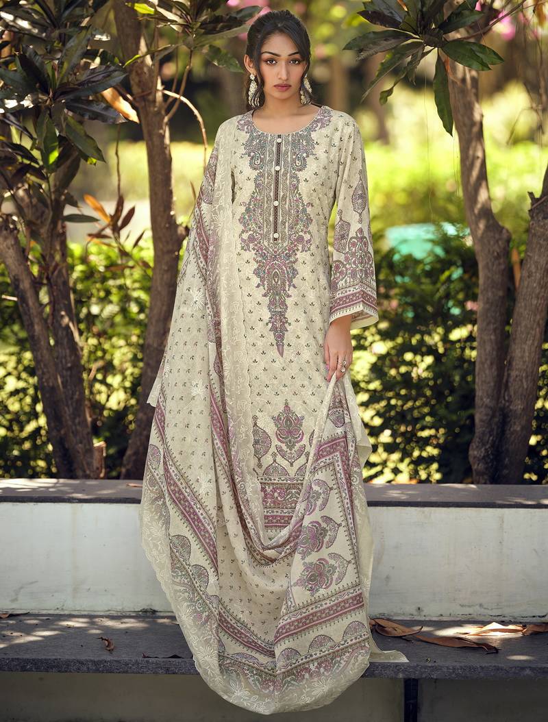  cream lawn cotton digital printed dress material