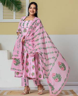 Yufta pink cotton kalidaar style kurta pant dupatta set 2