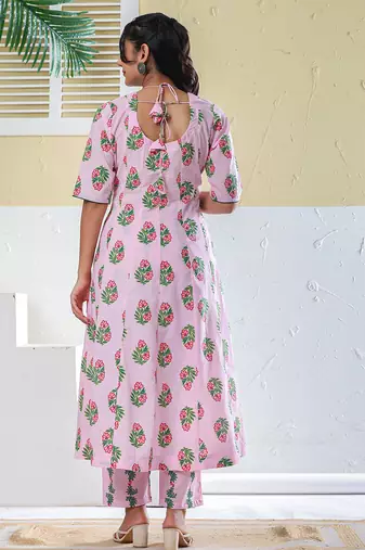 Yufta pink cotton kalidaar style kurta pant dupatta set