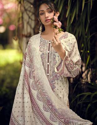  cream lawn cotton digital printed dress material 2