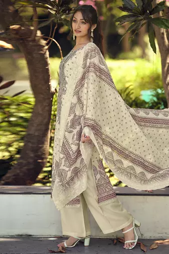  cream lawn cotton digital printed dress material