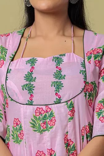 Yufta pink cotton kalidaar style kurta pant dupatta set
