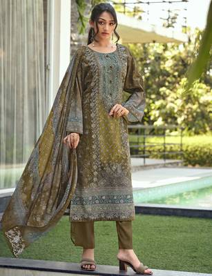 olive lawn cotton digital printed dress material 1