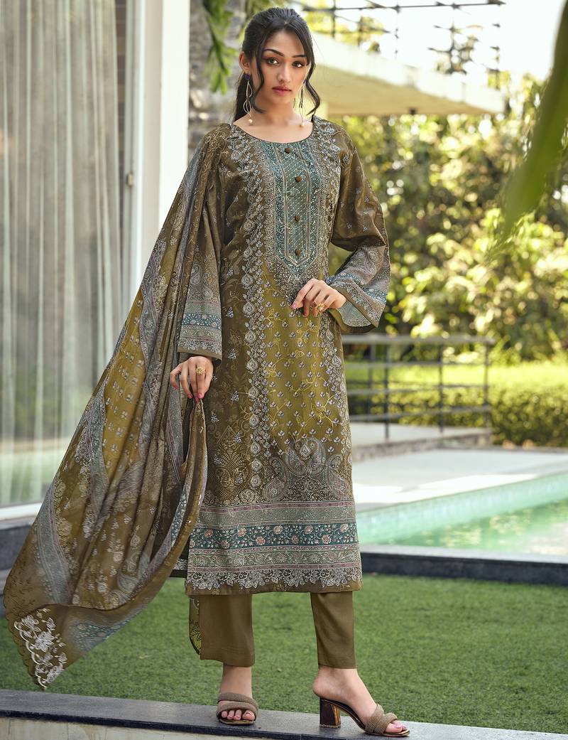olive lawn cotton digital printed dress material
