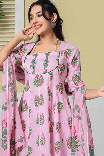 Yufta pink cotton kalidaar style kurta pant dupatta set