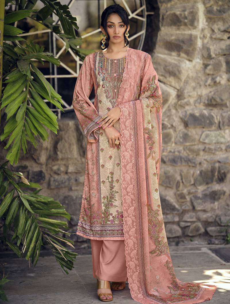  peach lawn cotton digital printed dress material