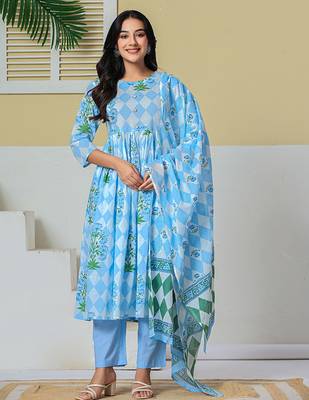 blue cotton maternity kurta pant with dupatta set 1