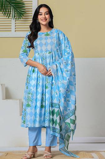 blue cotton maternity kurta pant with dupatta set