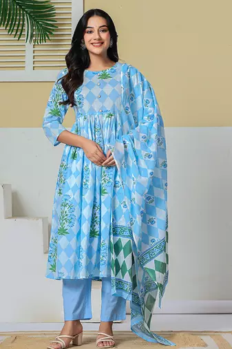 blue cotton maternity kurta pant with dupatta set