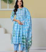 blue cotton maternity kurta pant with dupatta set