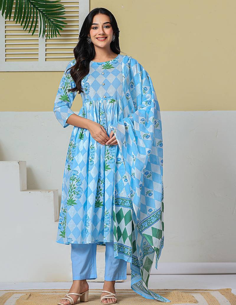 blue cotton maternity kurta pant with dupatta set
