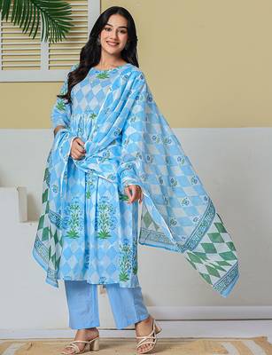blue cotton maternity kurta pant with dupatta set 2