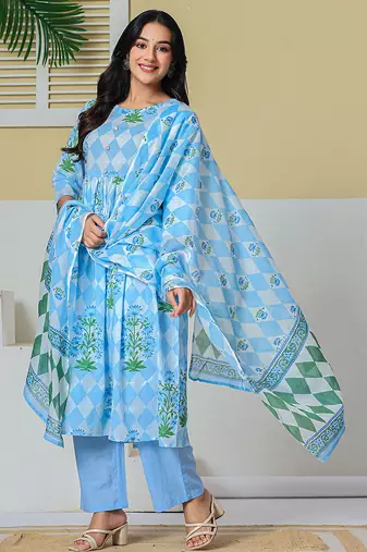 blue cotton maternity kurta pant with dupatta set