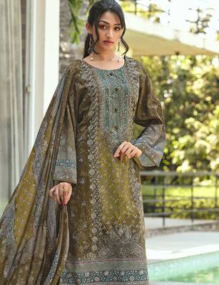 olive lawn cotton digital printed dress material 4