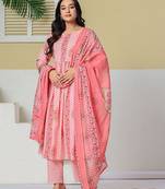 Yufta pink pure cotton maternity kurta pant with dupatta set