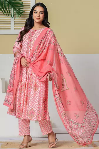 Yufta pink pure cotton maternity kurta pant with dupatta set
