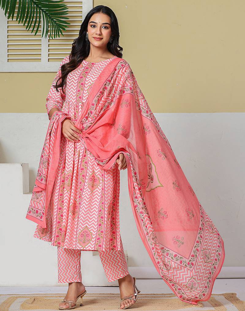 Yufta pink pure cotton maternity kurta pant with dupatta set
