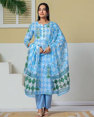 blue cotton straight kurta pant dupatta set 1
