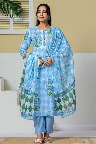 blue cotton straight kurta pant dupatta set