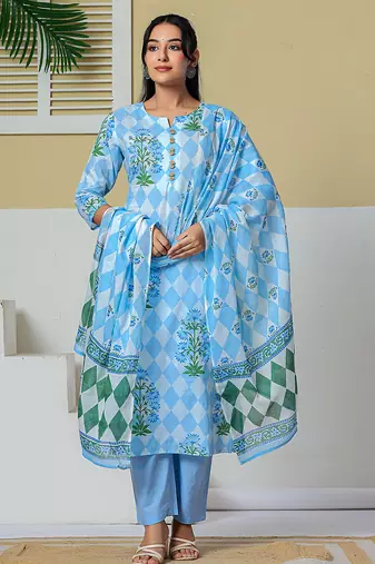 blue cotton straight kurta pant dupatta set