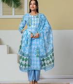blue cotton straight kurta pant dupatta set