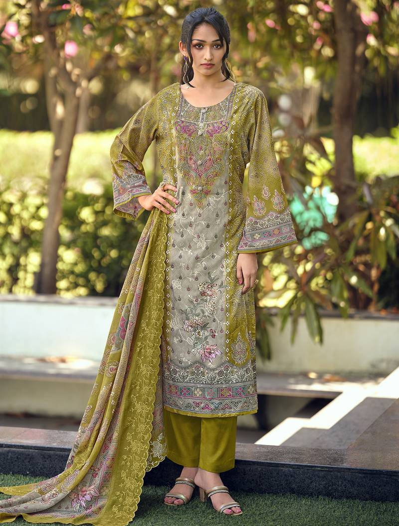 green lawn cotton digital printed dress material