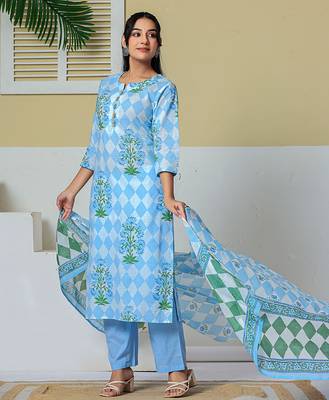blue cotton straight kurta pant dupatta set 2