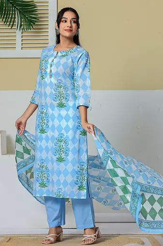 blue cotton straight kurta pant dupatta set