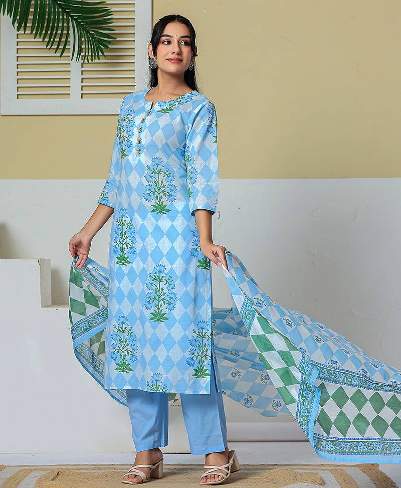 blue cotton straight kurta pant dupatta set