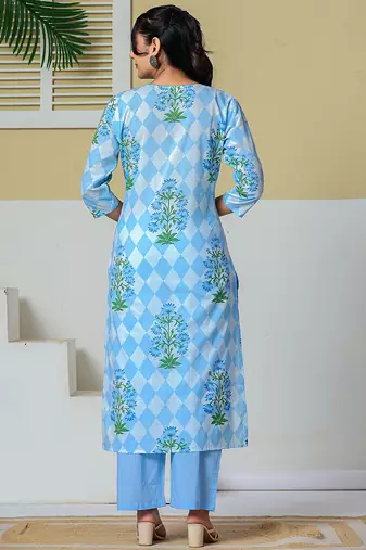 blue cotton straight kurta pant dupatta set