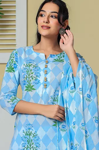 blue cotton straight kurta pant dupatta set